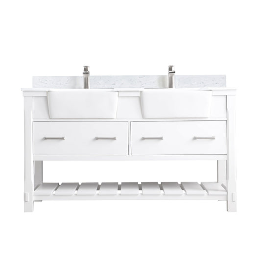 Georgia 60" Double Bathroom Vanity Set in White and Aosta White Composite Stone Top with White Farmhouse Basin without Mirror