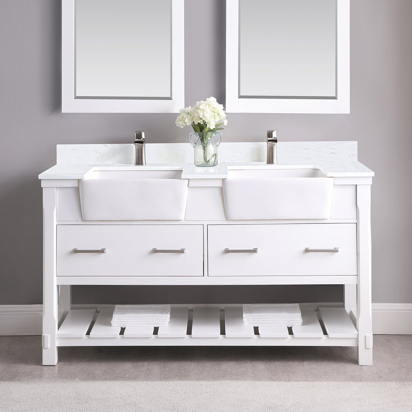 Georgia 60" Double Bathroom Vanity Set in White and Aosta White Composite Stone Top with White Farmhouse Basin without Mirror