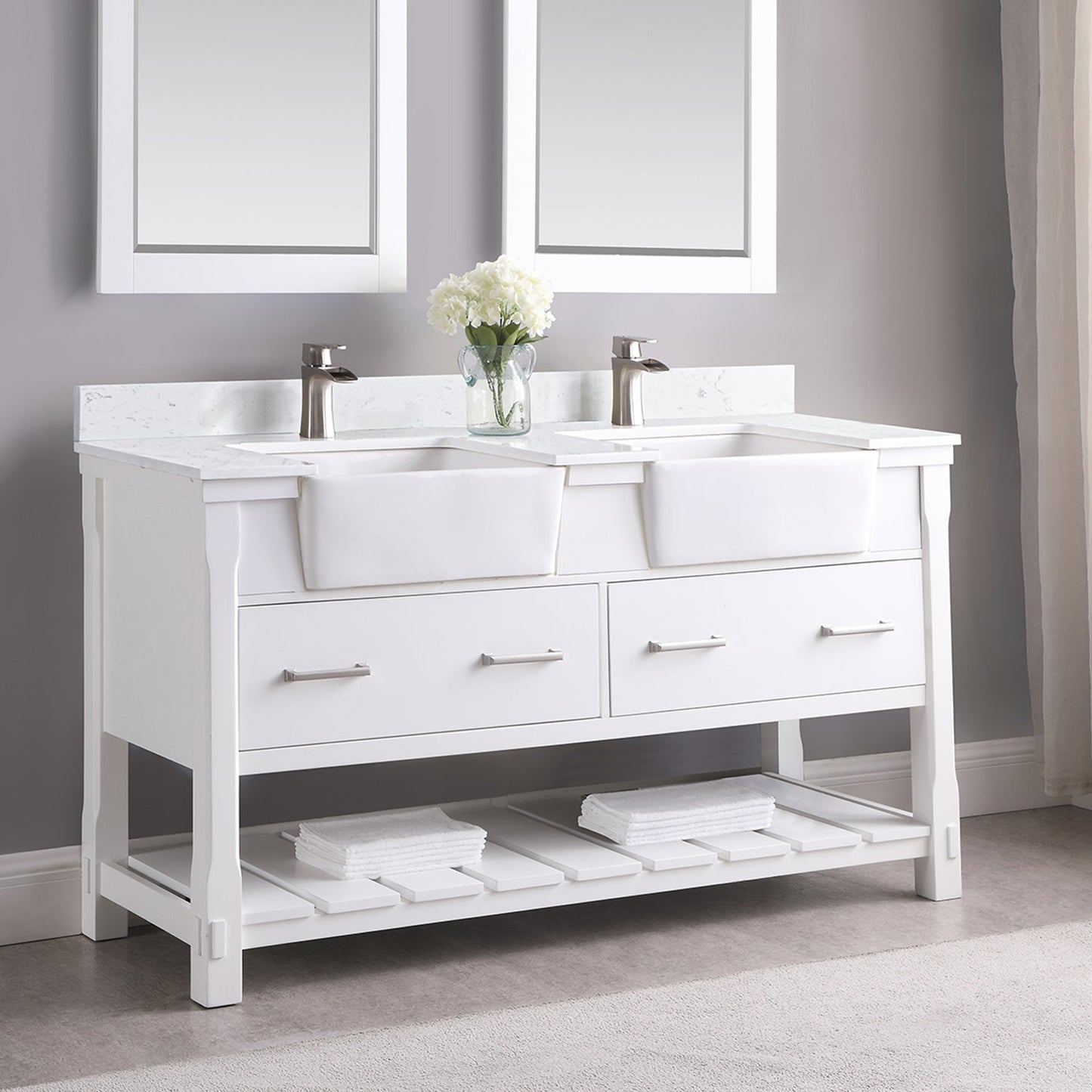 Georgia 60" Double Bathroom Vanity Set in White and Aosta White Composite Stone Top with White Farmhouse Basin without Mirror