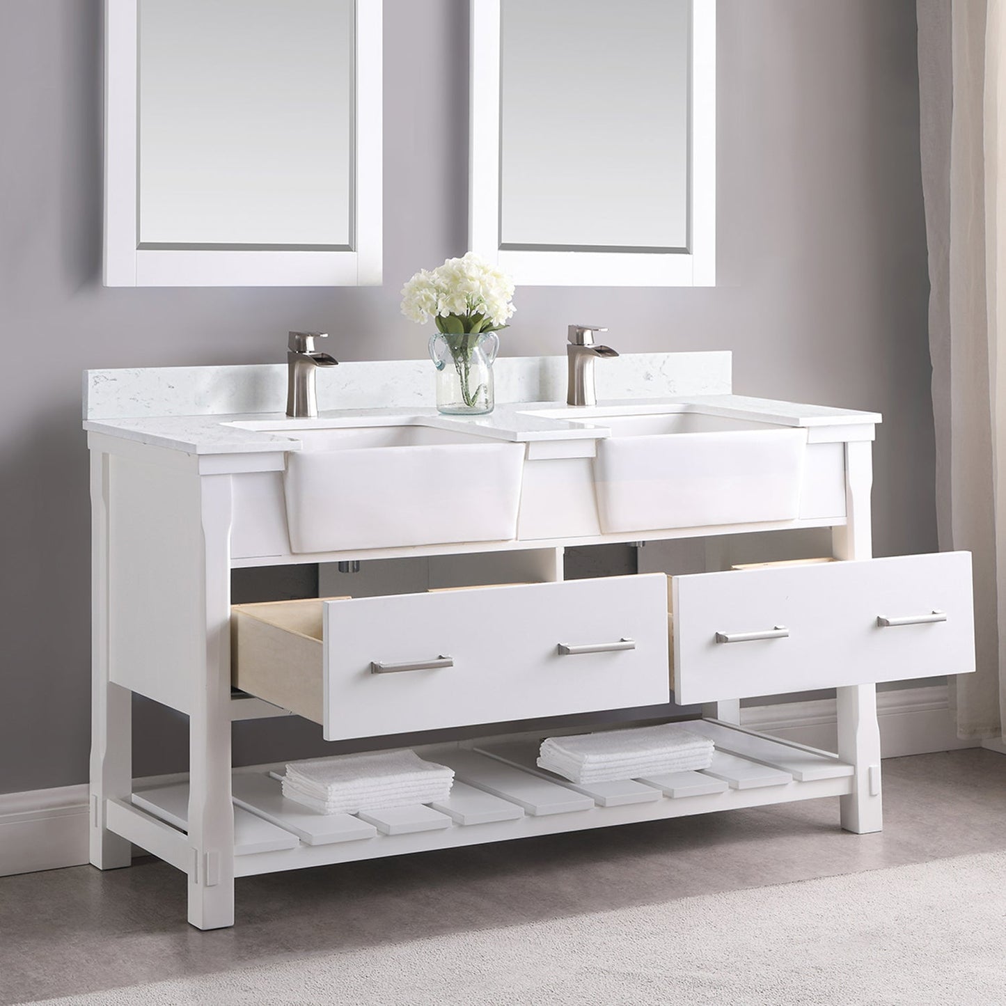 Georgia 60" Double Bathroom Vanity Set in White and Aosta White Composite Stone Top with White Farmhouse Basin without Mirror