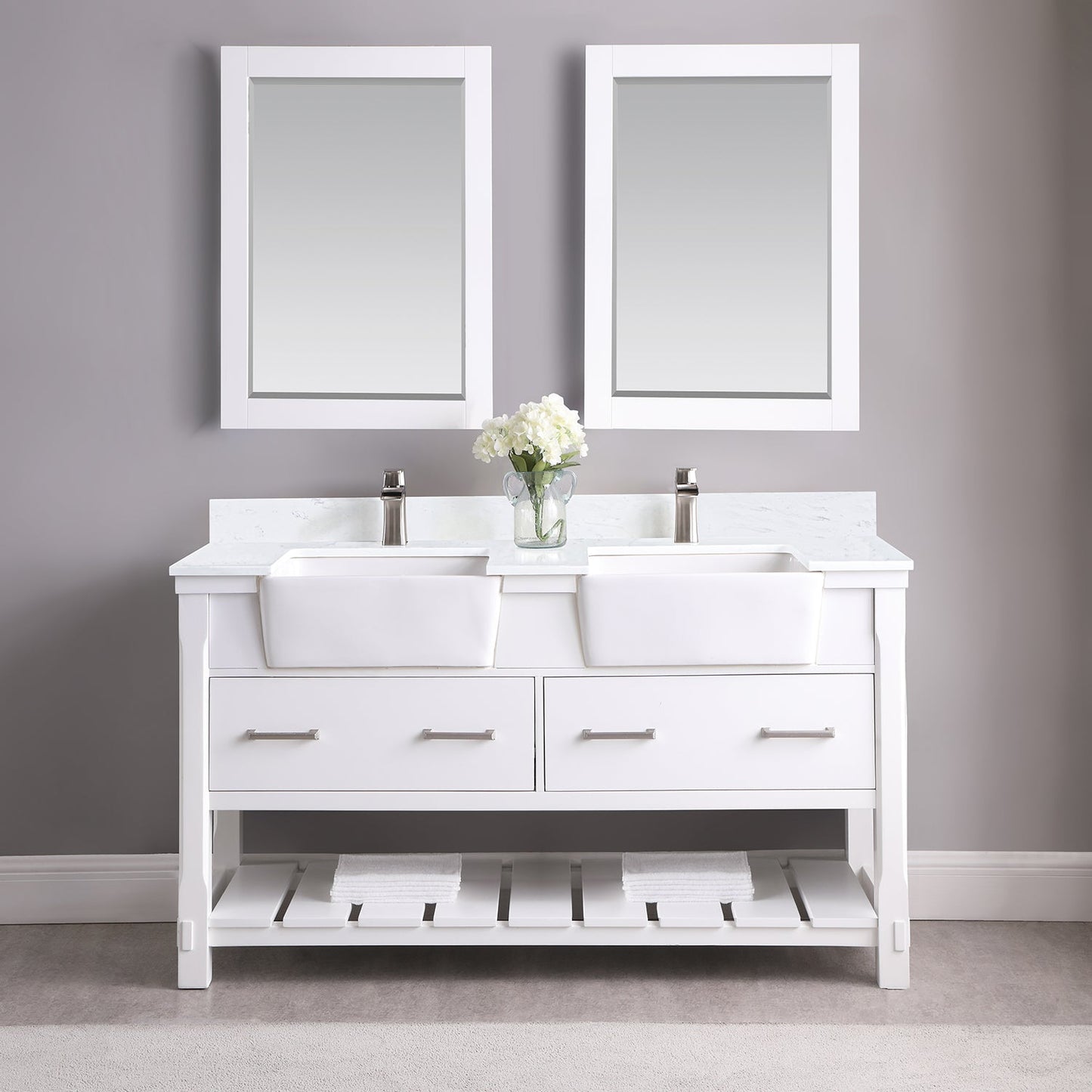 Georgia 60" Double Bathroom Vanity Set in White and Aosta White Composite Stone Top with White Farmhouse Basin without Mirror