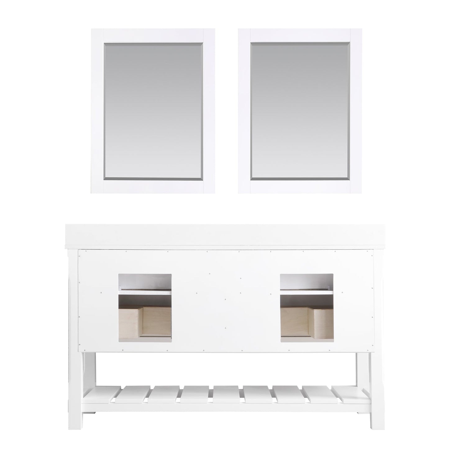Georgia 60" Double Bathroom Vanity Set in White and Aosta White Composite Stone Top with White Farmhouse Basin with Mirror