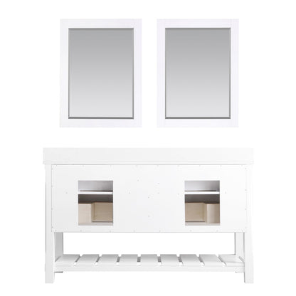 Georgia 60" Double Bathroom Vanity Set in White and Aosta White Composite Stone Top with White Farmhouse Basin with Mirror