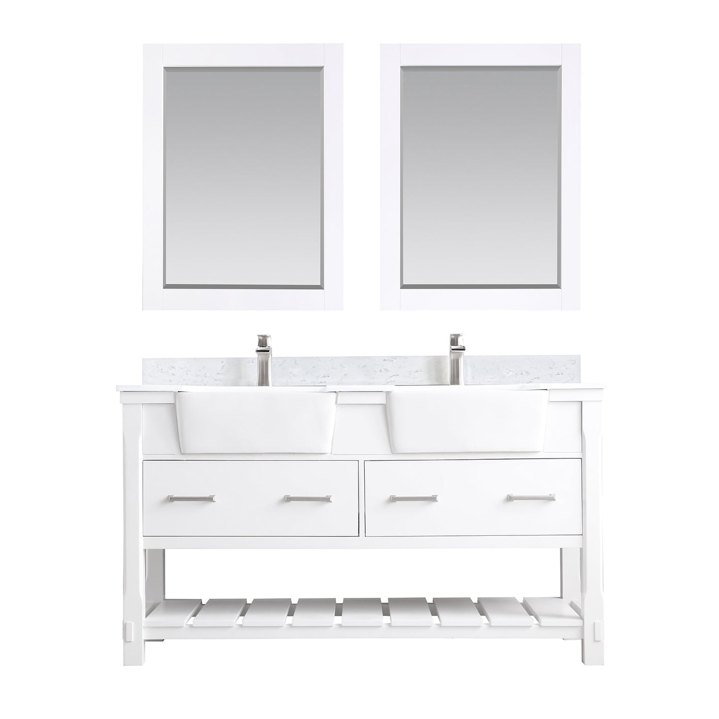Georgia 60" Double Bathroom Vanity Set in White and Aosta White Composite Stone Top with White Farmhouse Basin with Mirror