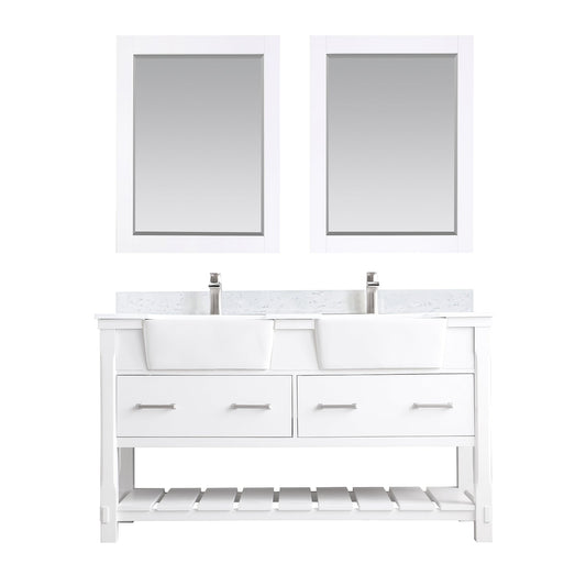 Georgia 60" Double Bathroom Vanity Set in White and Aosta White Composite Stone Top with White Farmhouse Basin with Mirror