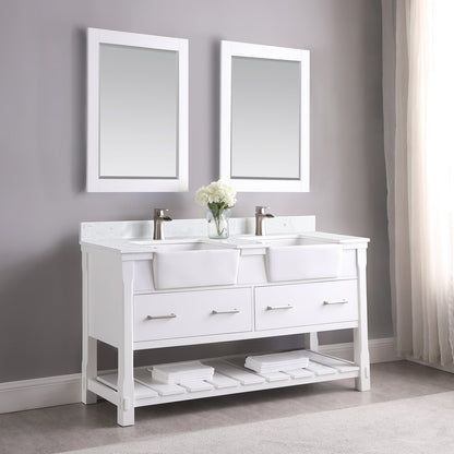 Georgia 60" Double Bathroom Vanity Set in White and Aosta White Composite Stone Top with White Farmhouse Basin with Mirror