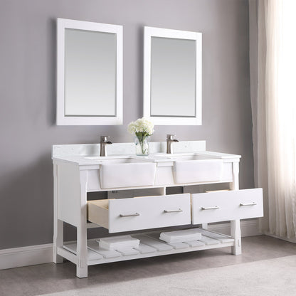 Georgia 60" Double Bathroom Vanity Set in White and Aosta White Composite Stone Top with White Farmhouse Basin with Mirror