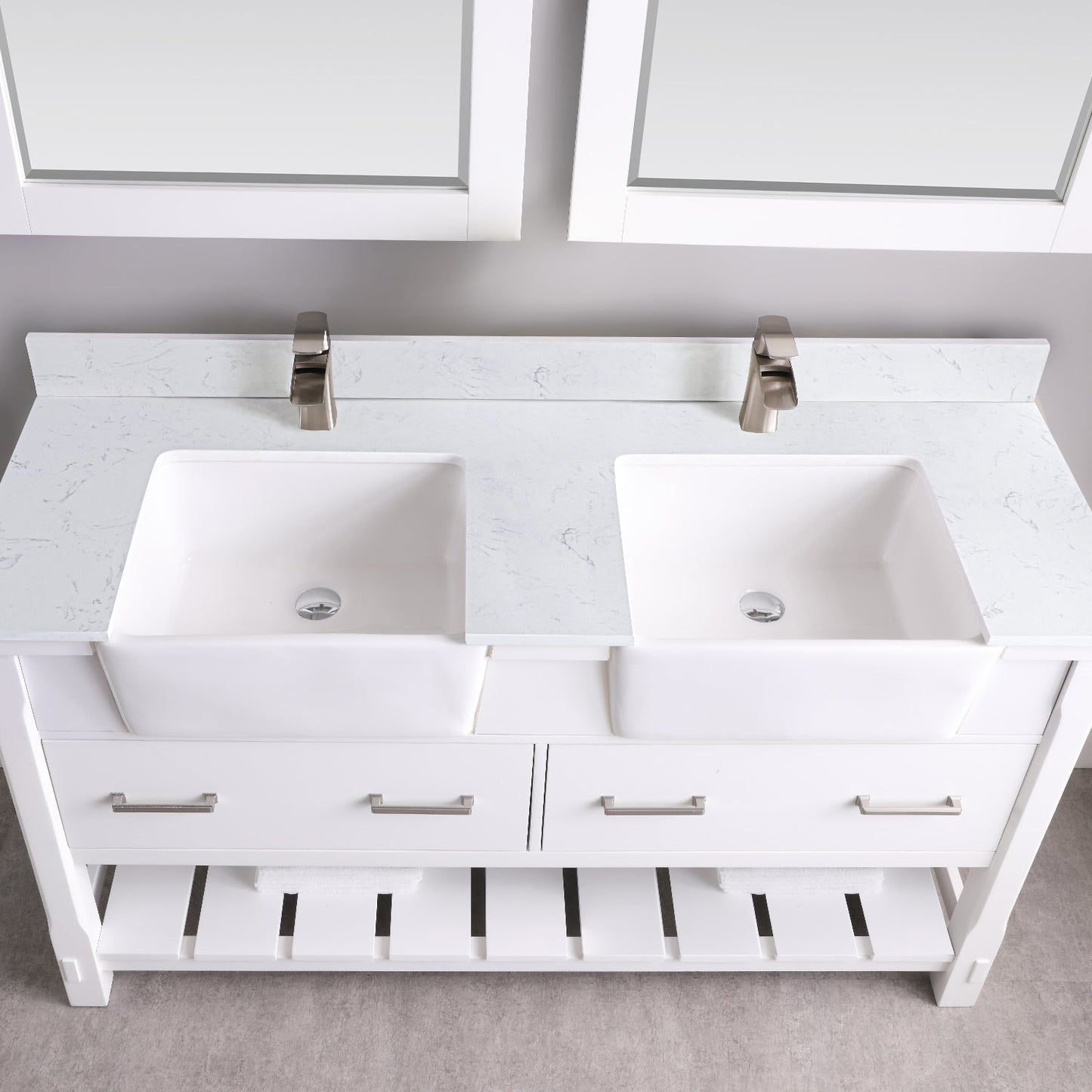 Georgia 60" Double Bathroom Vanity Set in White and Aosta White Composite Stone Top with White Farmhouse Basin with Mirror