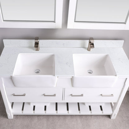 Georgia 60" Double Bathroom Vanity Set in White and Aosta White Composite Stone Top with White Farmhouse Basin with Mirror