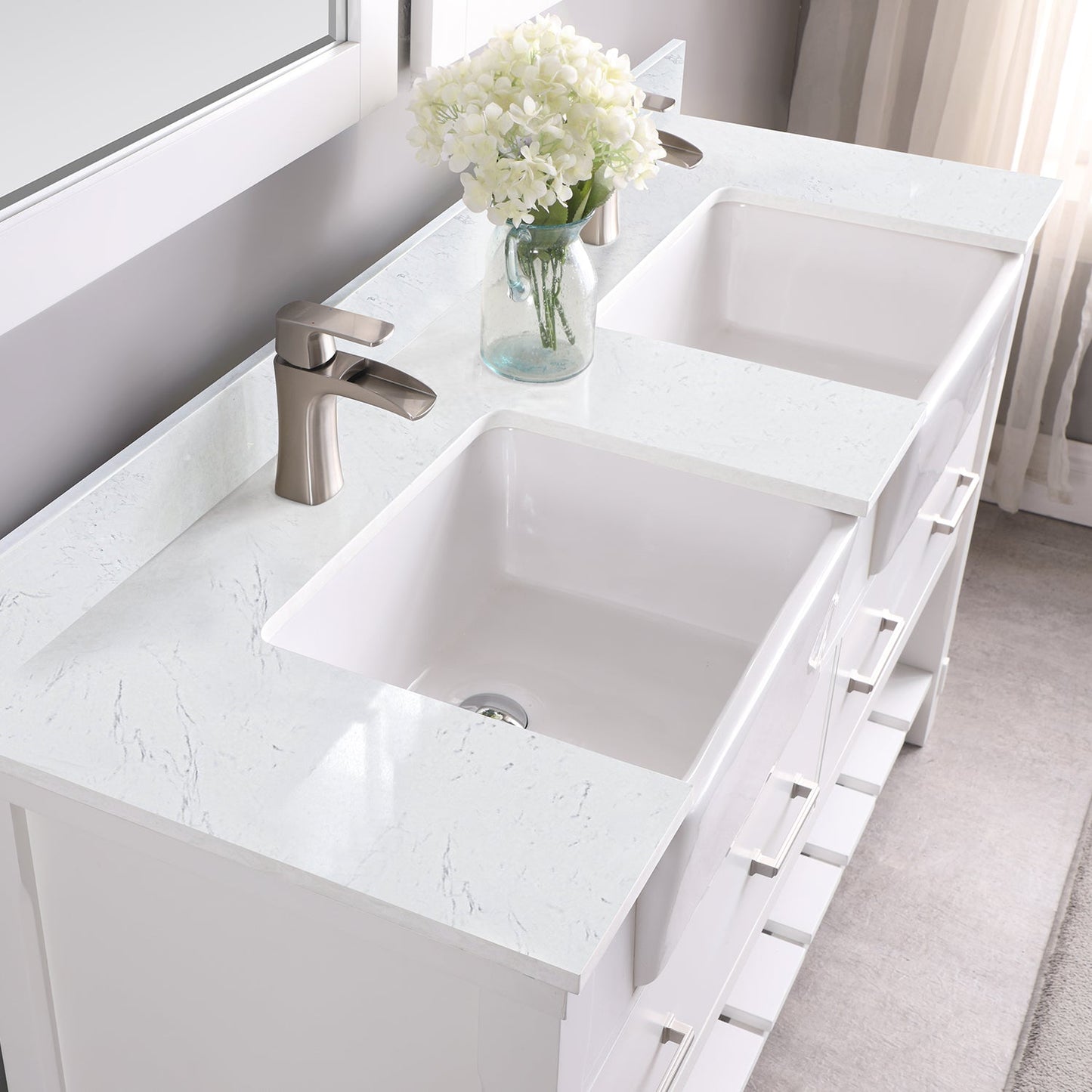 Georgia 60" Double Bathroom Vanity Set in White and Aosta White Composite Stone Top with White Farmhouse Basin with Mirror