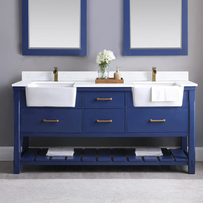 Georgia 72" Double Bathroom Vanity Set in Jewelry Blue and Aosta White Composite Stone Top with White Farmhouse Basin without Mirror