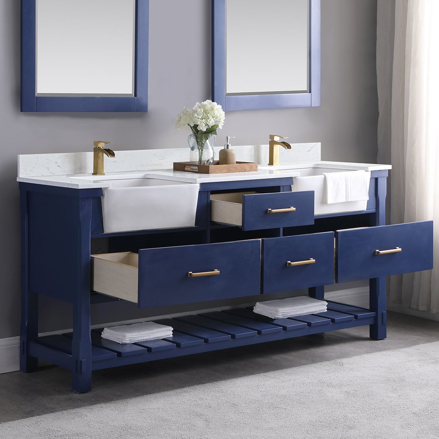 Georgia 72" Double Bathroom Vanity Set in Jewelry Blue and Aosta White Composite Stone Top with White Farmhouse Basin without Mirror