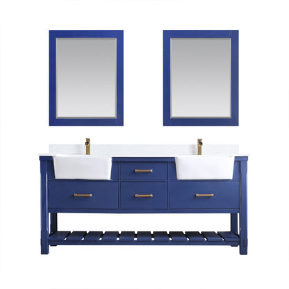 Georgia 72" Double Bathroom Vanity Set in Jewelry Blue and Aosta White Composite Stone Top with White Farmhouse Basin with Mirror