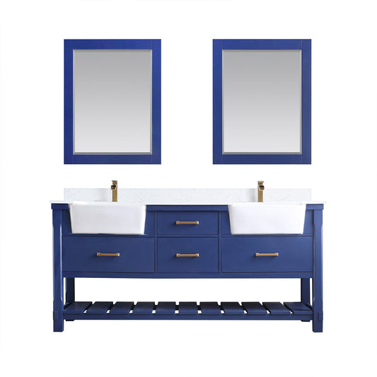 Georgia 72" Double Bathroom Vanity Set in Jewelry Blue and Aosta White Composite Stone Top with White Farmhouse Basin with Mirror