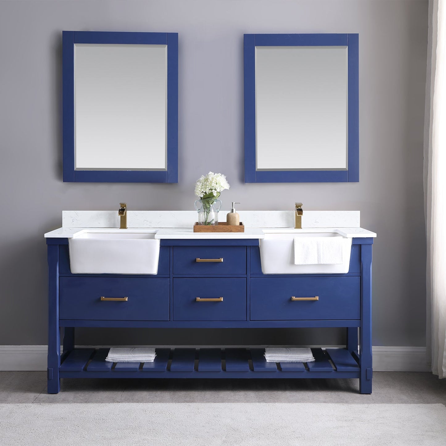Georgia 72" Double Bathroom Vanity Set in Jewelry Blue and Aosta White Composite Stone Top with White Farmhouse Basin with Mirror