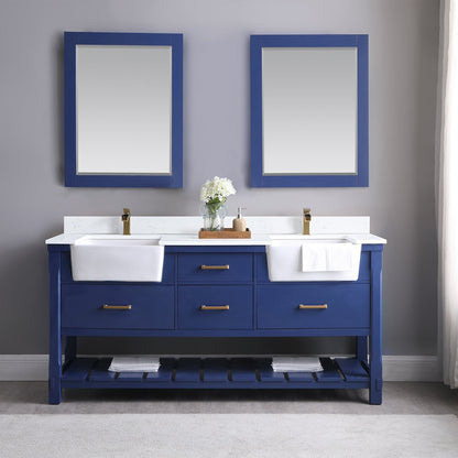 Georgia 72" Double Bathroom Vanity Set in Jewelry Blue and Aosta White Composite Stone Top with White Farmhouse Basin with Mirror