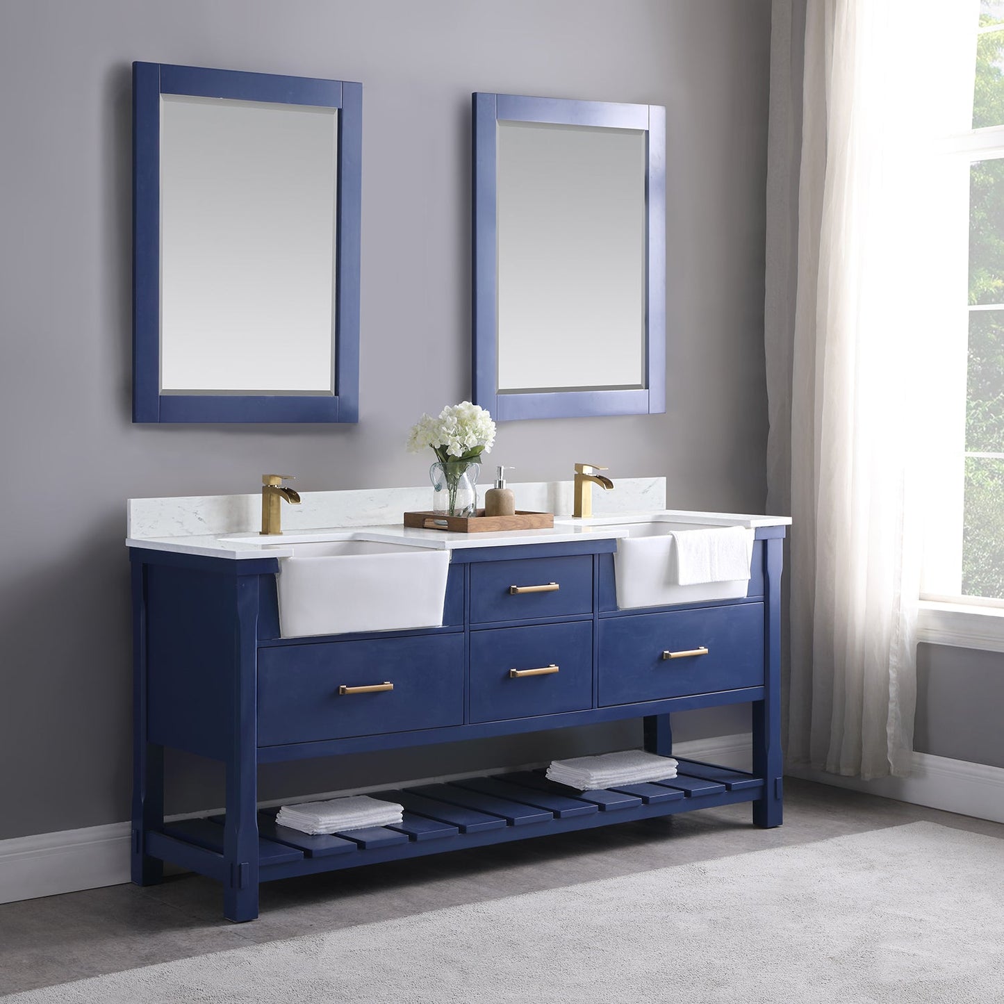 Georgia 72" Double Bathroom Vanity Set in Jewelry Blue and Aosta White Composite Stone Top with White Farmhouse Basin with Mirror