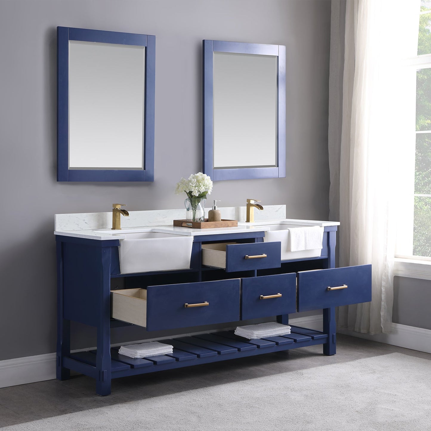 Georgia 72" Double Bathroom Vanity Set in Jewelry Blue and Aosta White Composite Stone Top with White Farmhouse Basin with Mirror