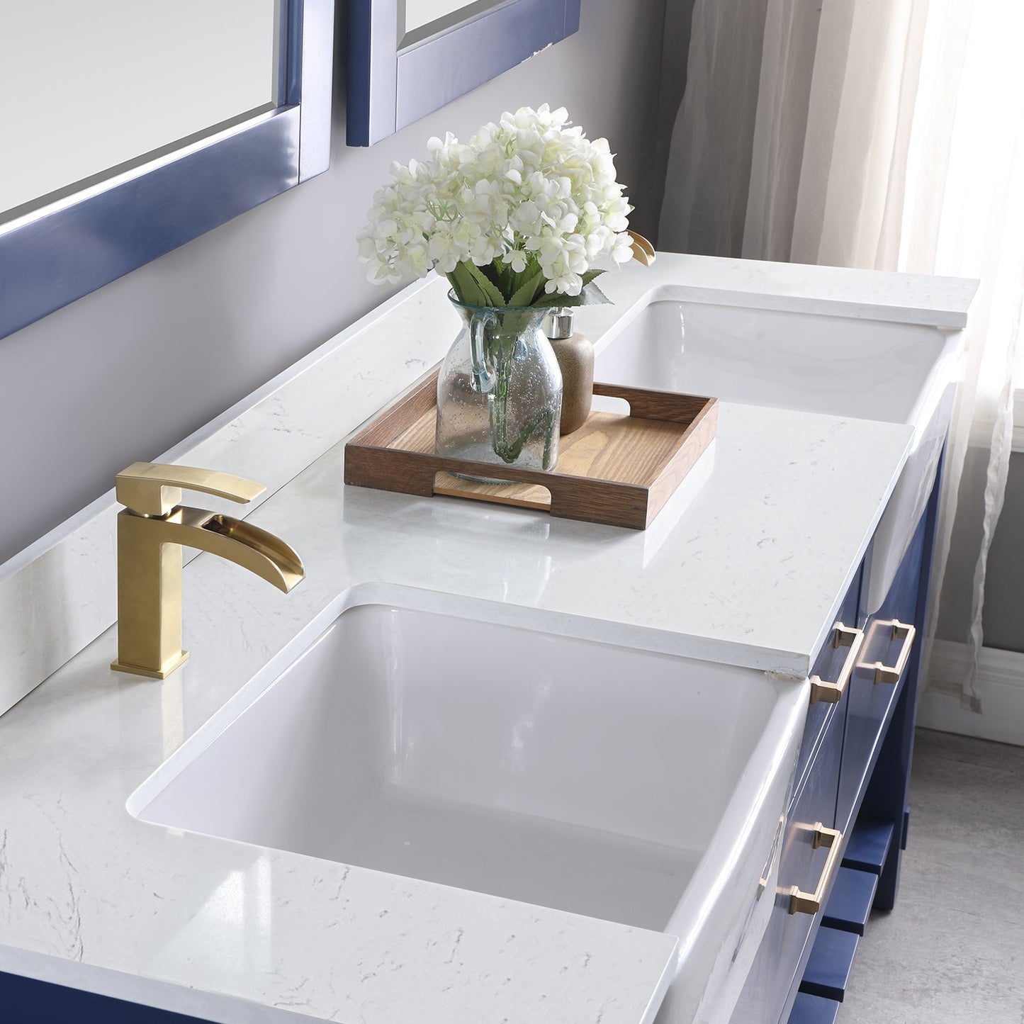 Georgia 72" Double Bathroom Vanity Set in Jewelry Blue and Aosta White Composite Stone Top with White Farmhouse Basin with Mirror
