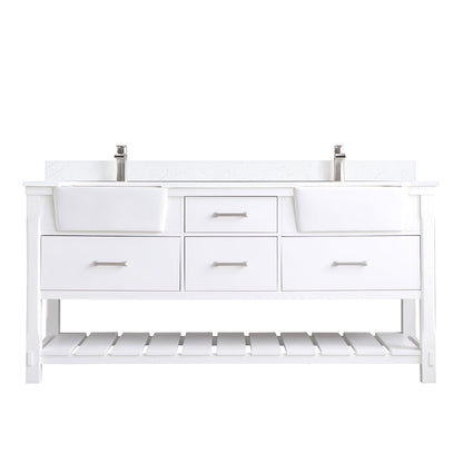 Georgia 72" Double Bathroom Vanity Set in White and Aosta White Composite Stone Top with White Farmhouse Basin without Mirror