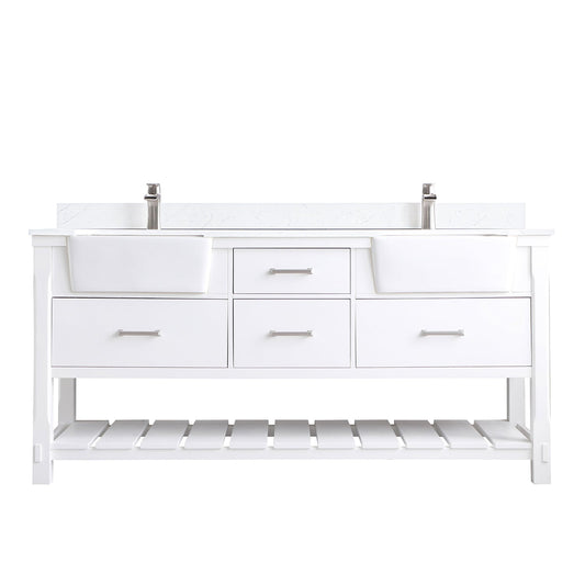 Georgia 72" Double Bathroom Vanity Set in White and Aosta White Composite Stone Top with White Farmhouse Basin without Mirror