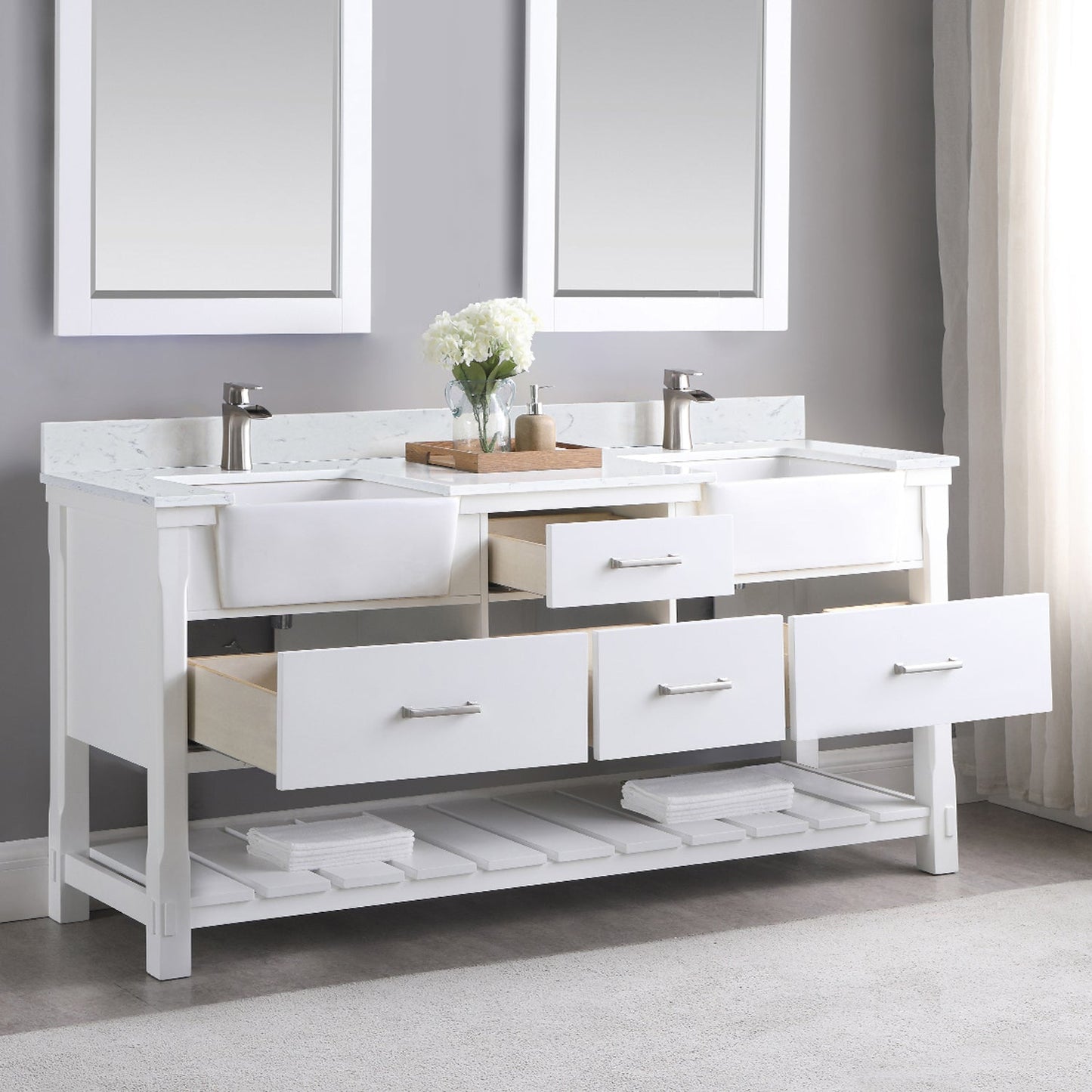 Georgia 72" Double Bathroom Vanity Set in White and Aosta White Composite Stone Top with White Farmhouse Basin without Mirror
