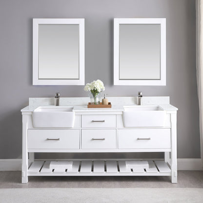 Georgia 72" Double Bathroom Vanity Set in White and Aosta White Composite Stone Top with White Farmhouse Basin without Mirror