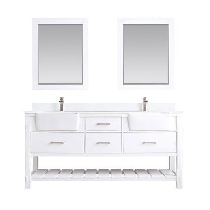 Georgia 72" Double Bathroom Vanity Set in White and Aosta White Composite Stone Top with White Farmhouse Basin with Mirror