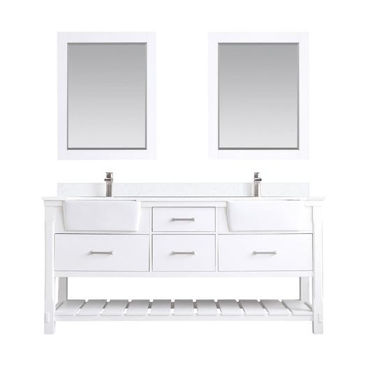 Georgia 72" Double Bathroom Vanity Set in White and Aosta White Composite Stone Top with White Farmhouse Basin with Mirror