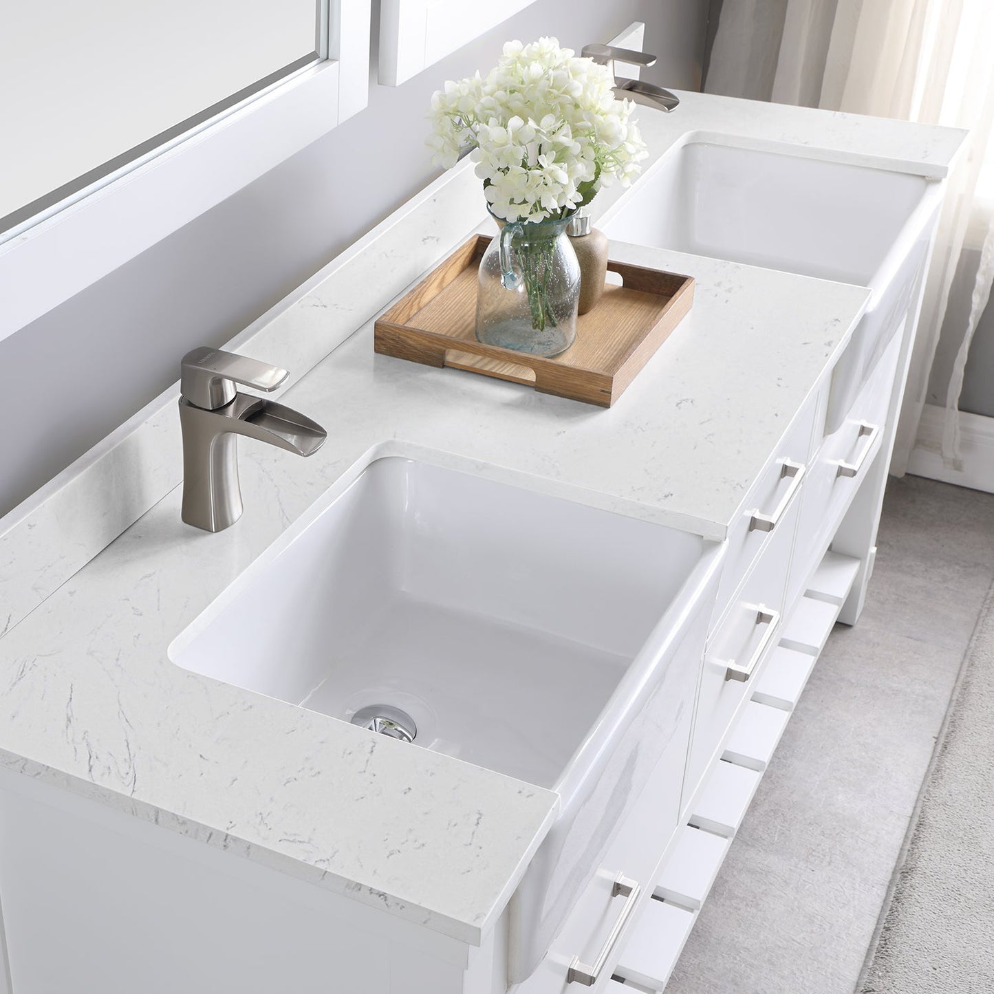 Georgia 72" Double Bathroom Vanity Set in White and Aosta White Composite Stone Top with White Farmhouse Basin with Mirror