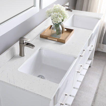 Georgia 72" Double Bathroom Vanity Set in White and Aosta White Composite Stone Top with White Farmhouse Basin with Mirror