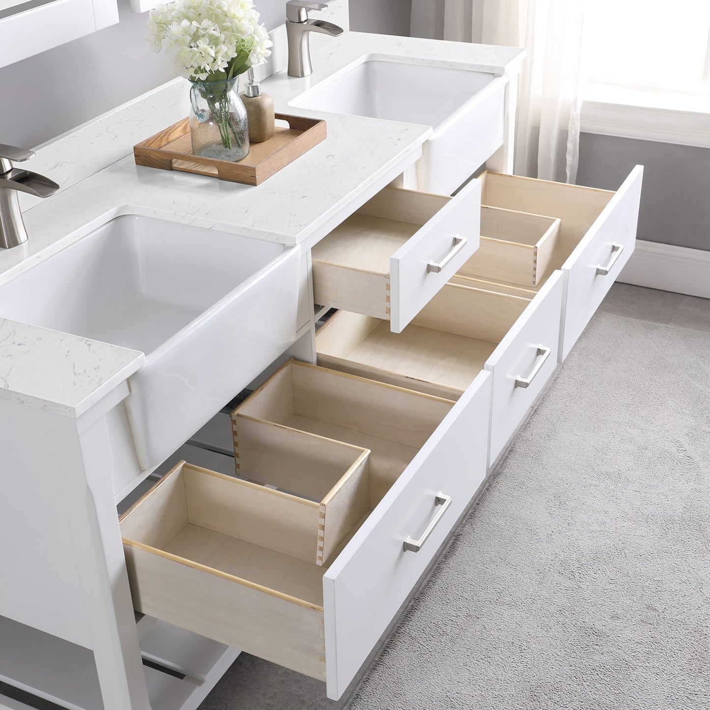 Georgia 72" Double Bathroom Vanity Set in White and Aosta White Composite Stone Top with White Farmhouse Basin with Mirror