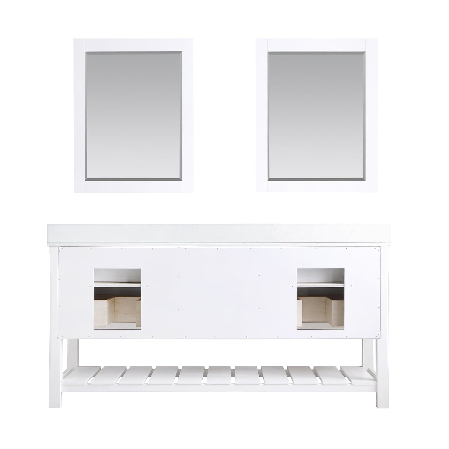 Georgia 72" Double Bathroom Vanity Set in White and Aosta White Composite Stone Top with White Farmhouse Basin with Mirror