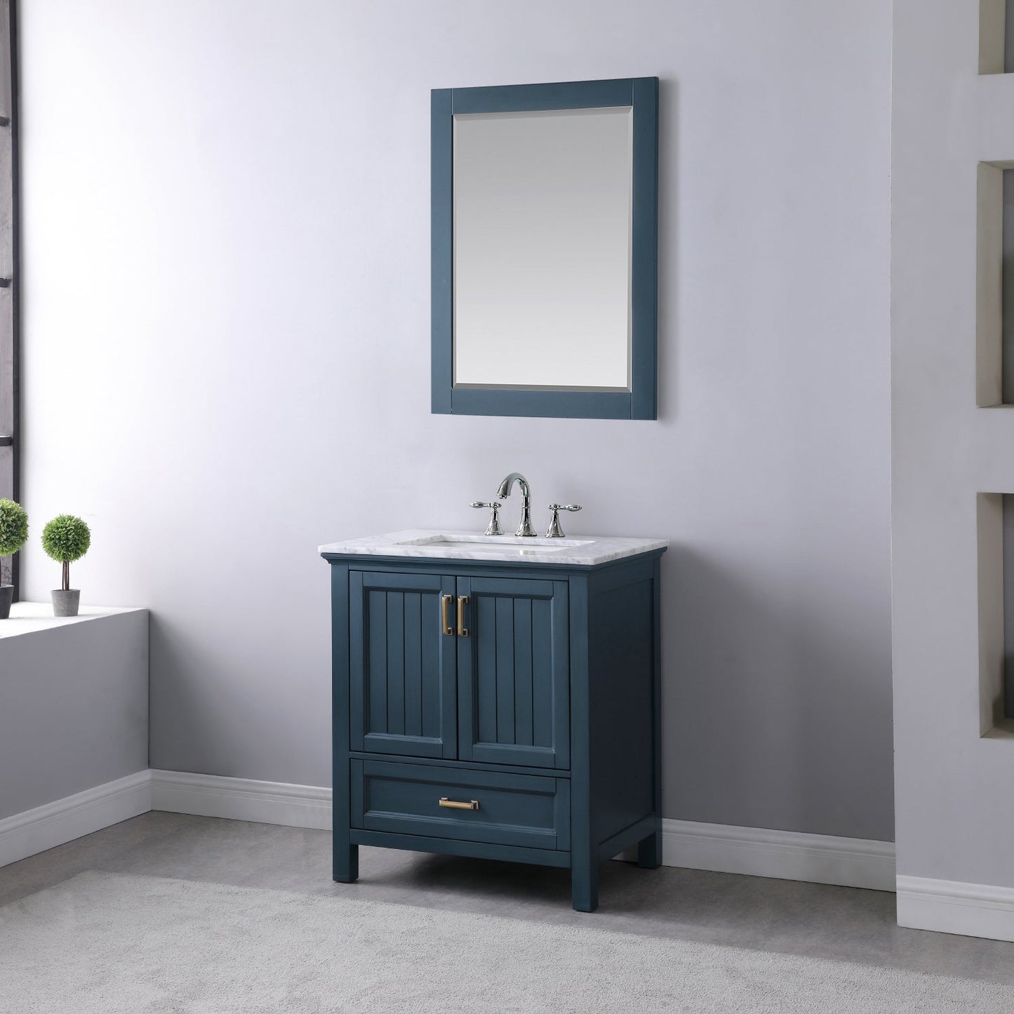 Isla 30" Single Bathroom Vanity Set in Classic Blue and Carrara White Marble Countertop with Mirror