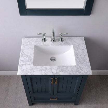 Isla 30" Single Bathroom Vanity Set in Classic Blue and Carrara White Marble Countertop with Mirror