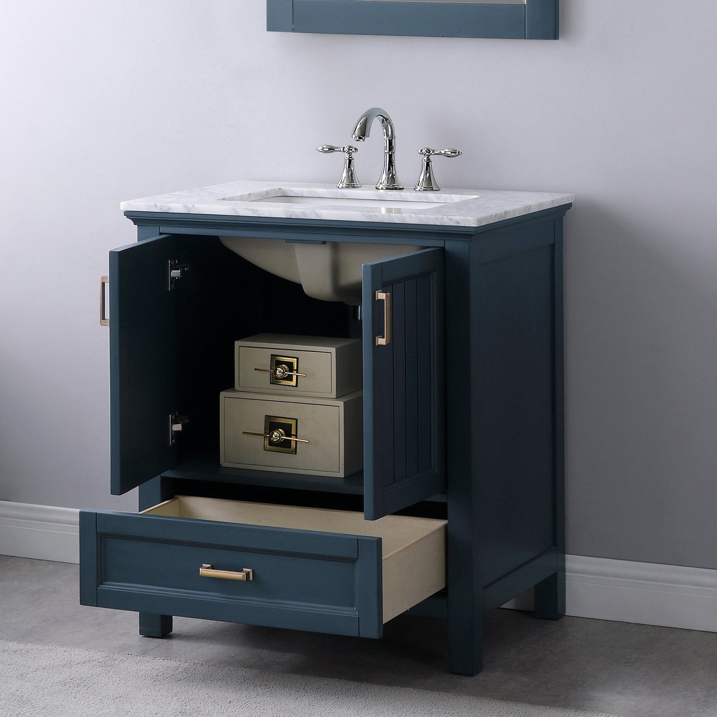Isla 30" Single Bathroom Vanity Set in Classic Blue and Carrara White Marble Countertop with Mirror