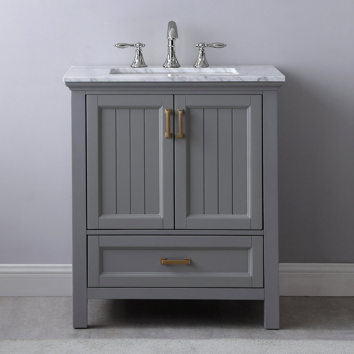 Isla 30" Single Bathroom Vanity Set in Gray and Carrara White Marble Countertop without Mirror