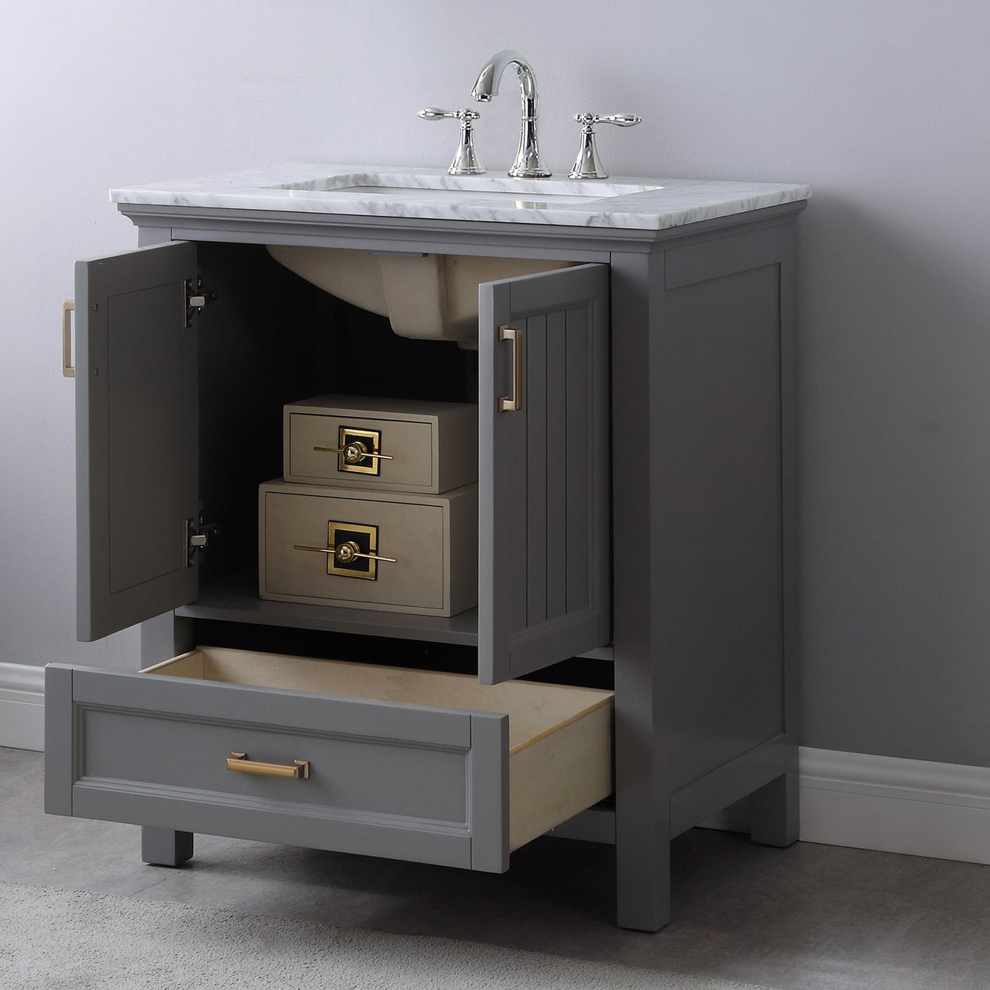 Isla 30" Single Bathroom Vanity Set in Gray and Carrara White Marble Countertop without Mirror