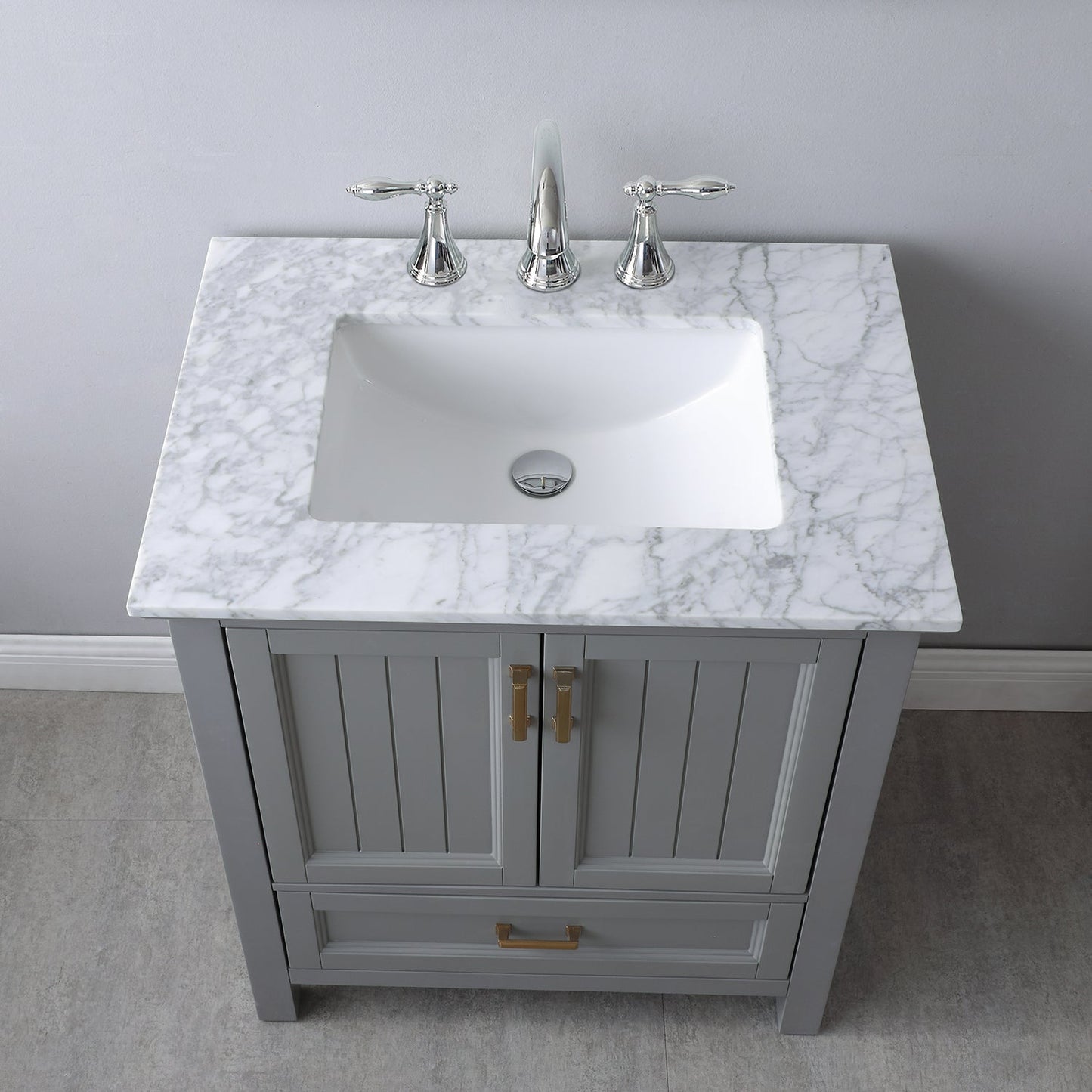 Isla 30" Single Bathroom Vanity Set in Gray and Carrara White Marble Countertop without Mirror