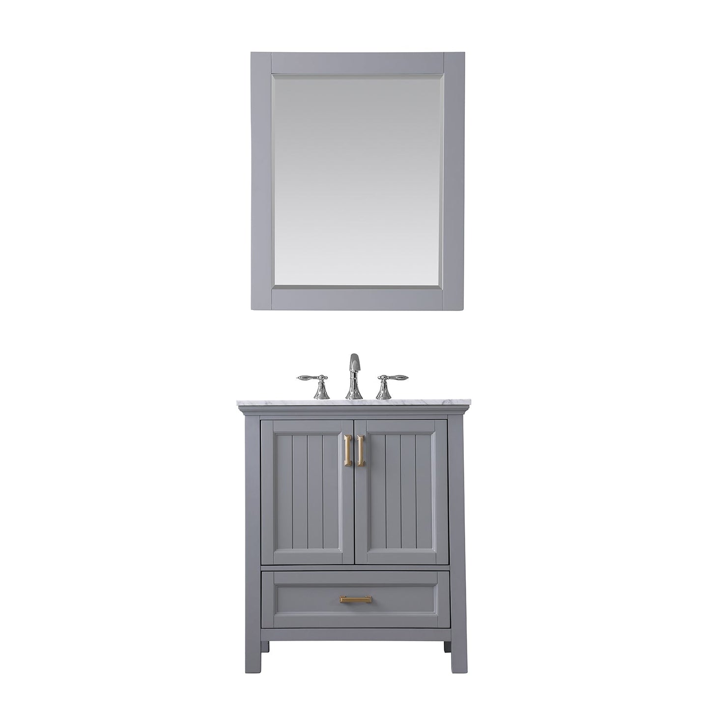 Isla 30" Single Bathroom Vanity Set in Gray and Carrara White Marble Countertop with Mirror