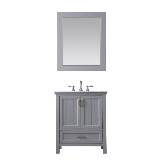Isla 30" Single Bathroom Vanity Set in Gray and Carrara White Marble Countertop with Mirror
