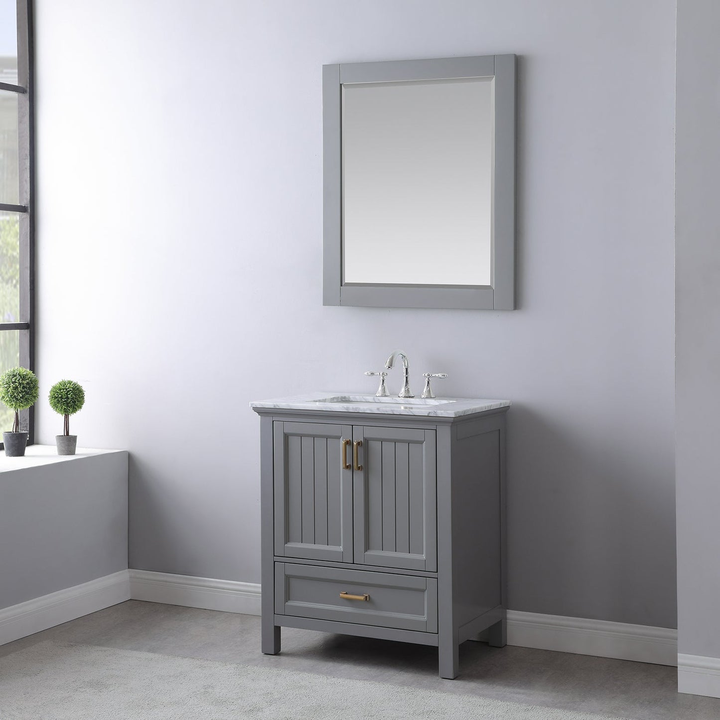 Isla 30" Single Bathroom Vanity Set in Gray and Carrara White Marble Countertop with Mirror
