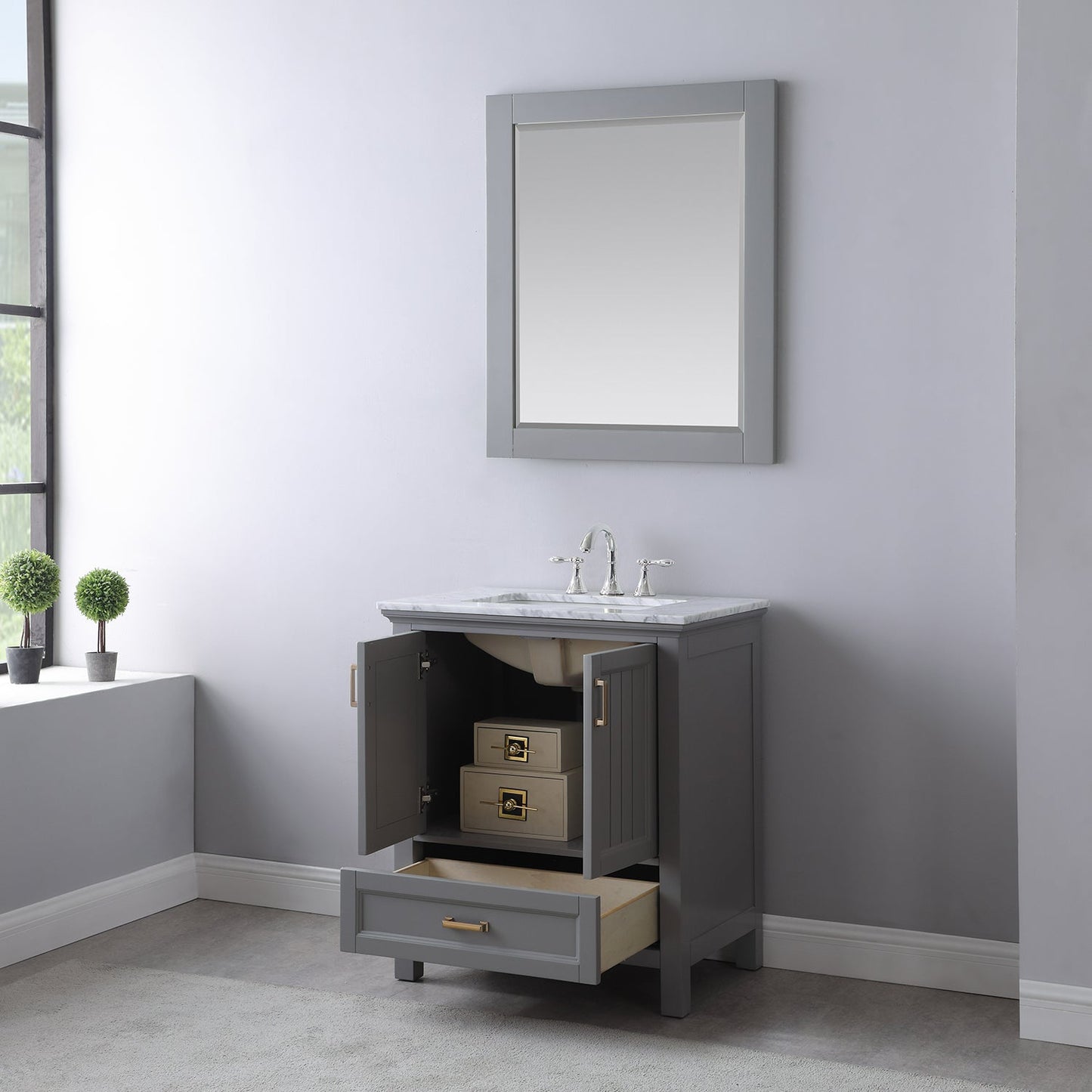 Isla 30" Single Bathroom Vanity Set in Gray and Carrara White Marble Countertop with Mirror
