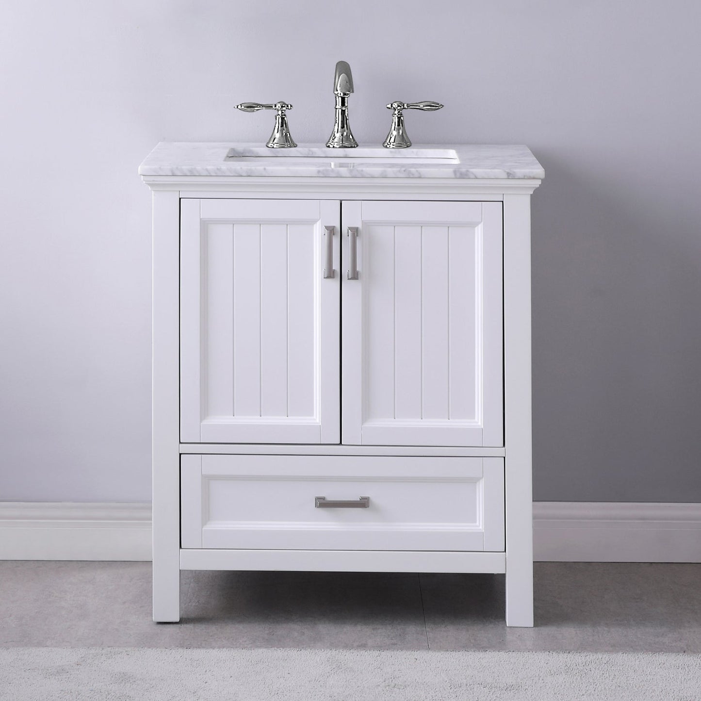 Isla 30" Single Bathroom Vanity Set in White and Carrara White Marble Countertop without Mirror