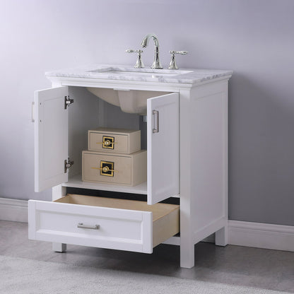 Isla 30" Single Bathroom Vanity Set in White and Carrara White Marble Countertop without Mirror