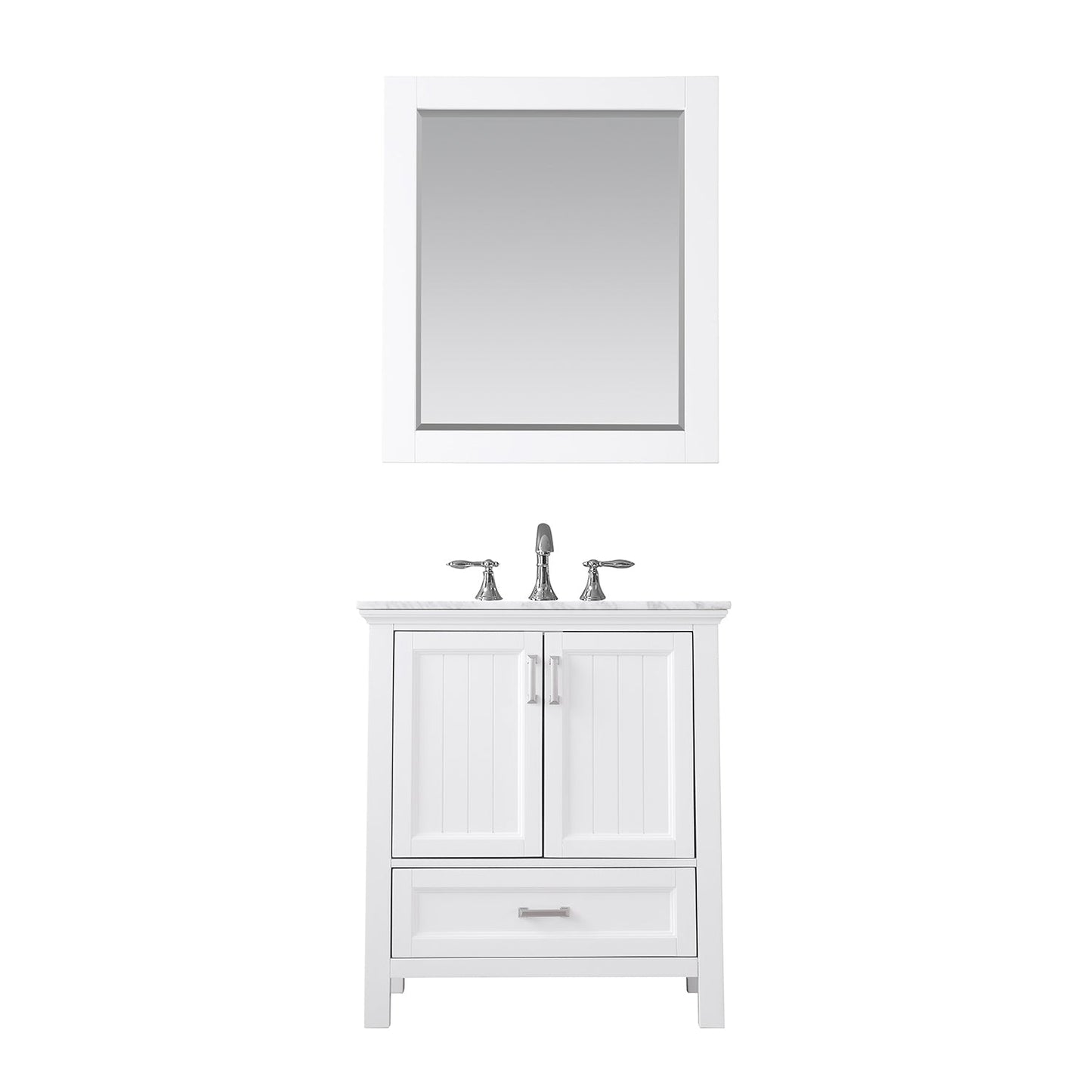 Isla 30" Single Bathroom Vanity Set in White and Carrara White Marble Countertop with Mirror