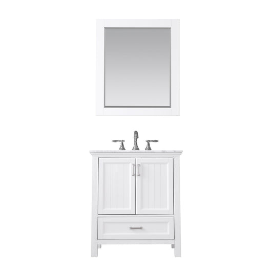 Isla 30" Single Bathroom Vanity Set in White and Carrara White Marble Countertop with Mirror