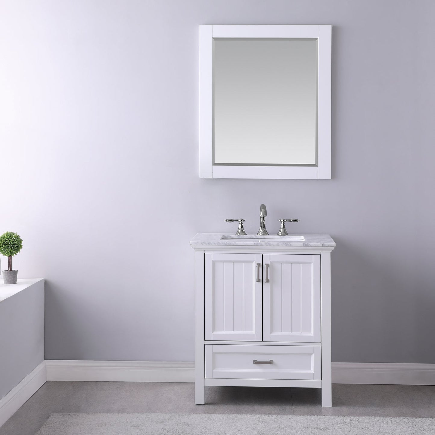 Isla 30" Single Bathroom Vanity Set in White and Carrara White Marble Countertop with Mirror