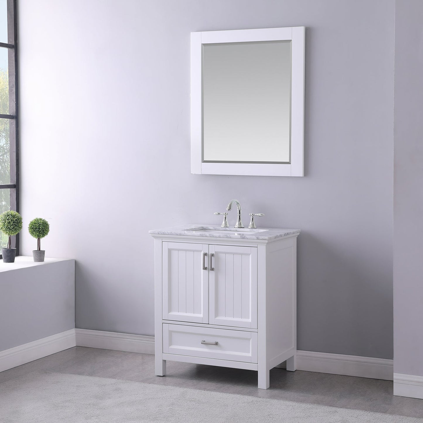 Isla 30" Single Bathroom Vanity Set in White and Carrara White Marble Countertop with Mirror
