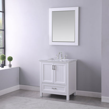 Isla 30" Single Bathroom Vanity Set in White and Carrara White Marble Countertop with Mirror